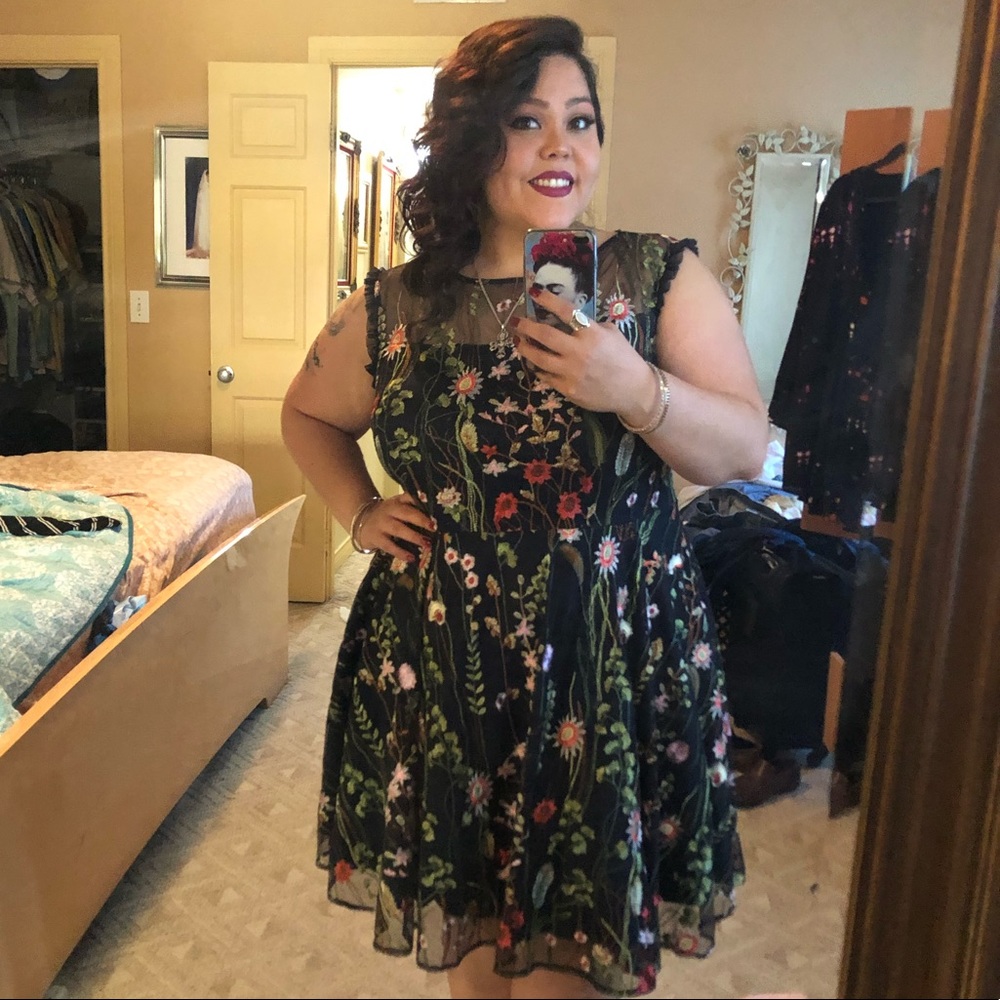 Navy Floral Embroidered Overlay Dress